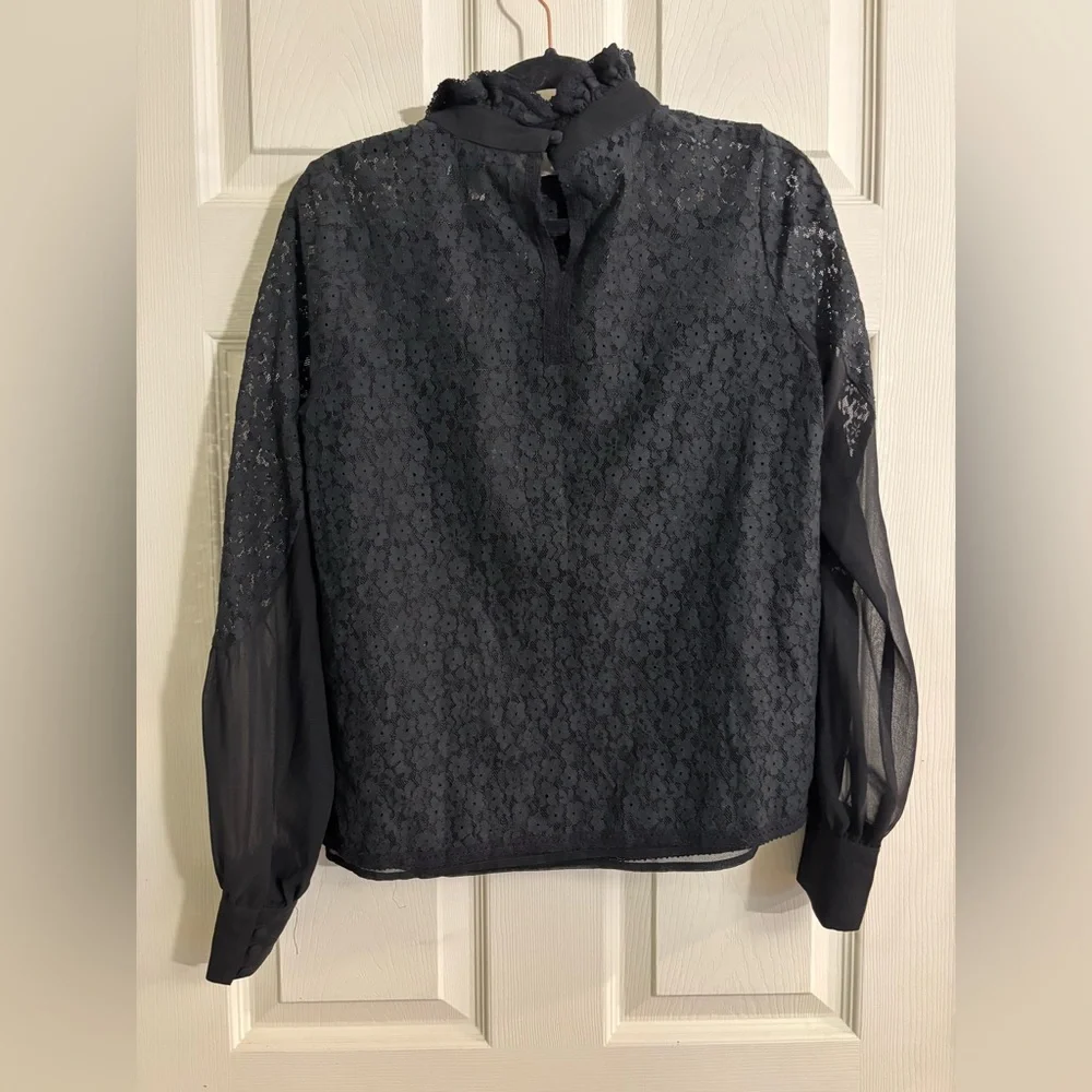 Tuckernuck Black Lace High-Neck Sheer Puff-Sleeve Quiet Luxury Blouse